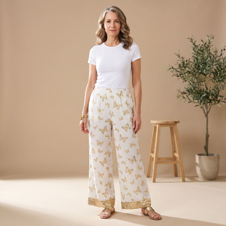 Women's Two Piece Set Butterfly Print Wide-Leg Pants Shirt - White