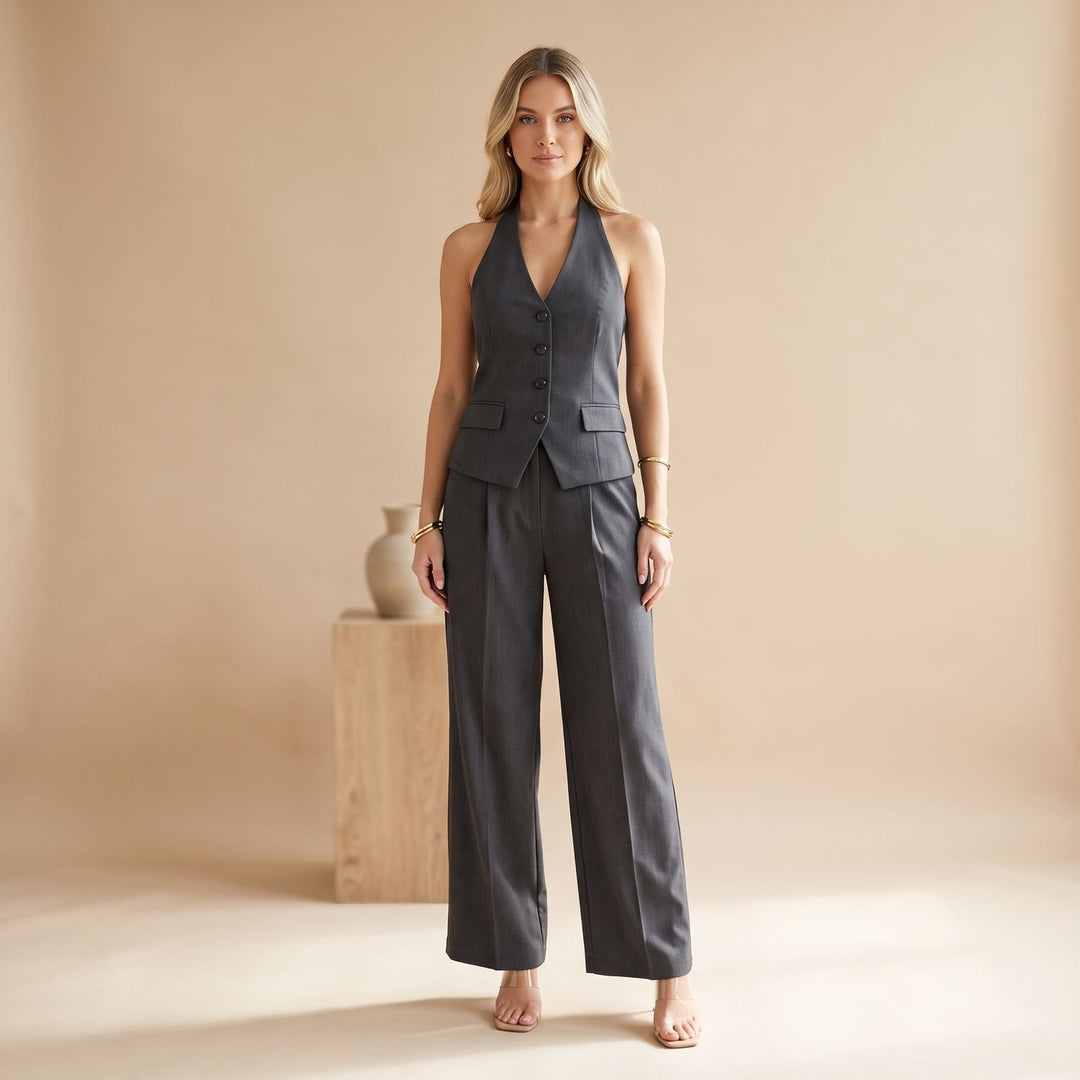 Women's Two Piece Set Halter Vest Blazer Wide-Leg Pants Suit, Blush Pink - Gray
