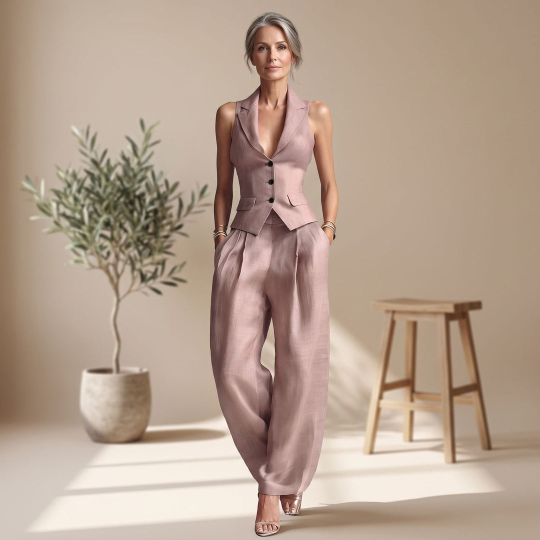 Women's Two Piece Set Halter Vest Blazer Wide-Leg Pants Suit - Pink