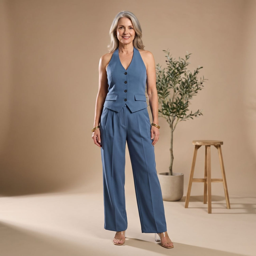 Women's Two Piece Set Halter Vest Blazer Wide-Leg Pants Suit - Blue