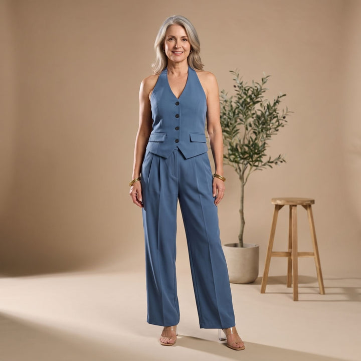 Women's Two Piece Set Halter Vest Blazer Wide-Leg Pants Suit - Blue