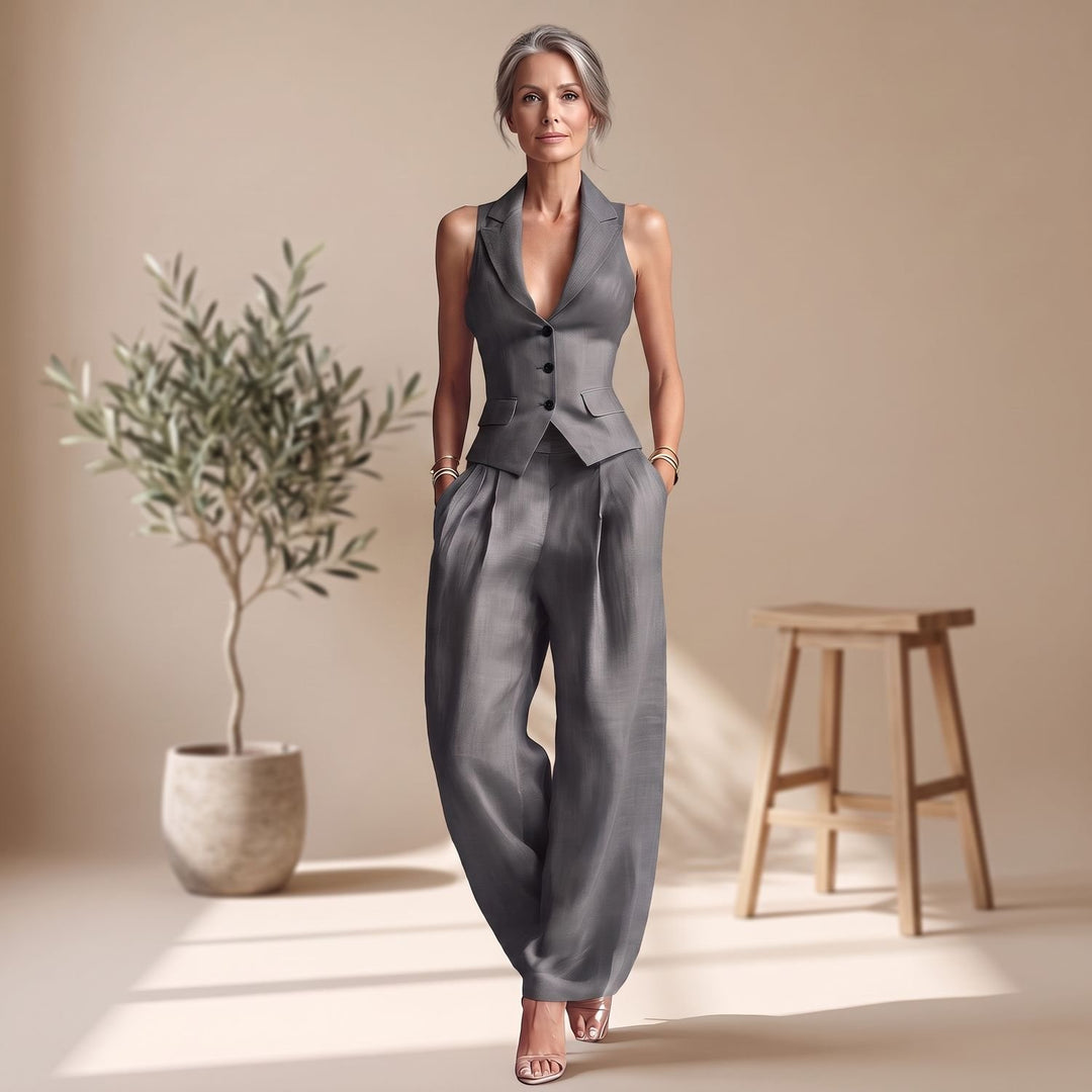 Women's Two Piece Set Halter Vest Blazer Wide-Leg Pants Suit - Gray