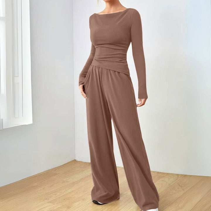Women's Two Piece Set Long Sleeve Boat Neck Top Wide Leg Pants - Light Brown