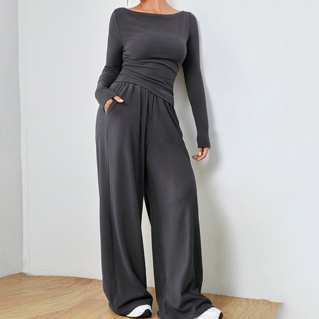 Women's Two Piece Set Long Sleeve Boat Neck Top Wide Leg Pants - Gray