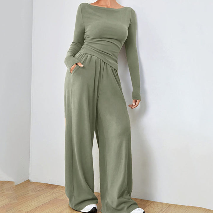 Women's Two Piece Set Long Sleeve Boat Neck Top Wide Leg Pants - Green
