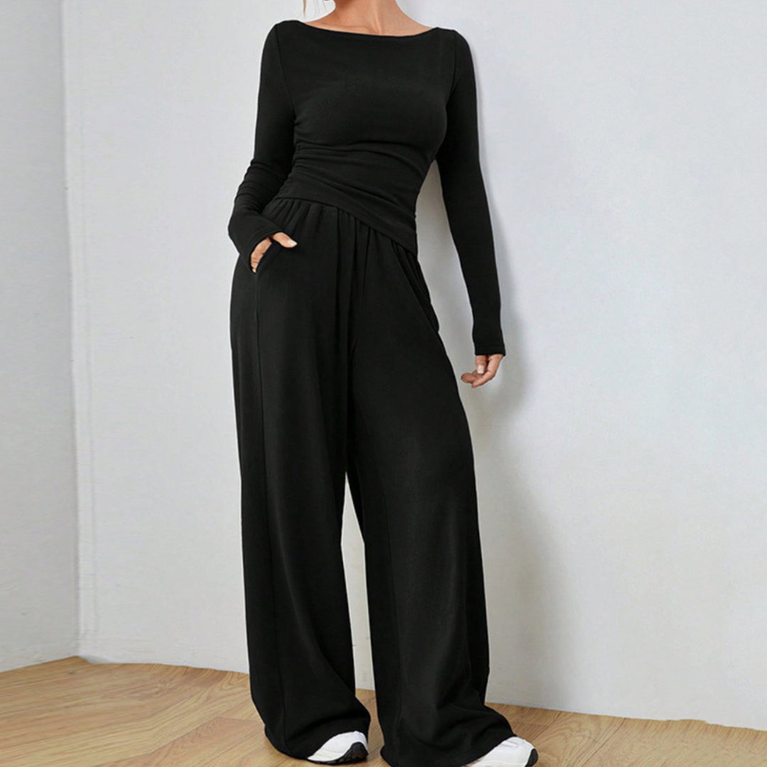 Women's Two Piece Set Long Sleeve Boat Neck Top Wide Leg Pants - Black