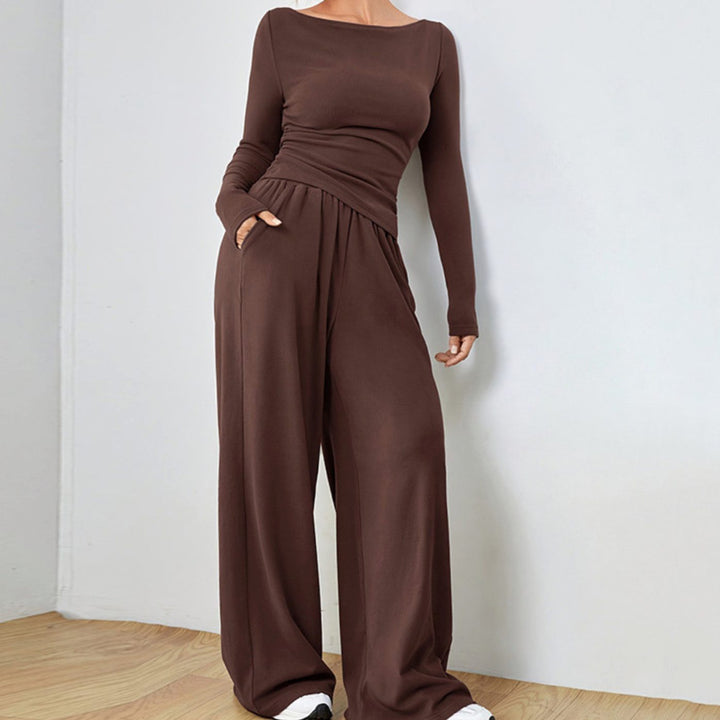 Women's Two Piece Set Long Sleeve Boat Neck Top Wide Leg Pants - Brown
