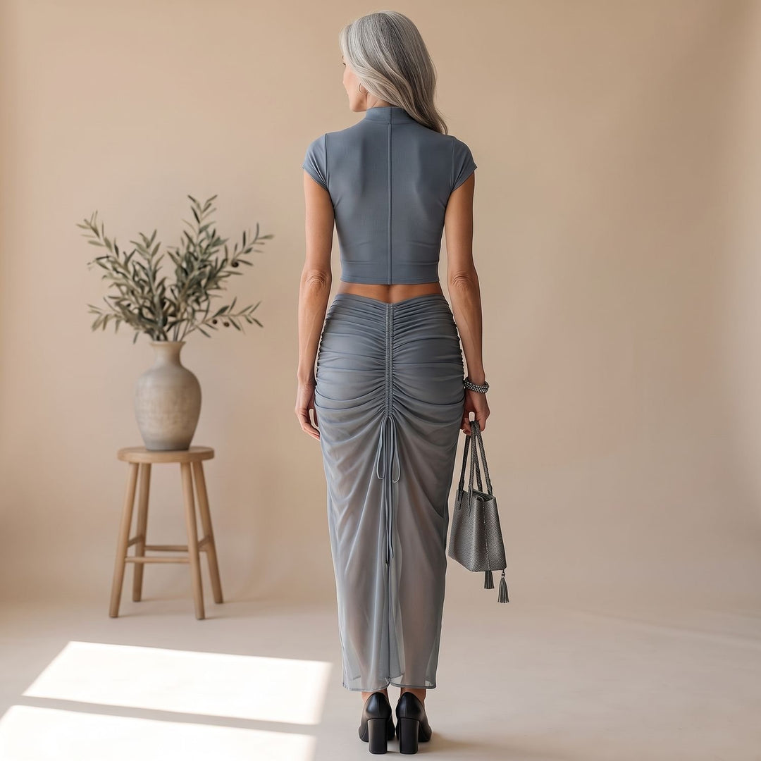 Women's Two Piece Set Mock Neck Crop Top Sheer Ruched Maxi Skirt