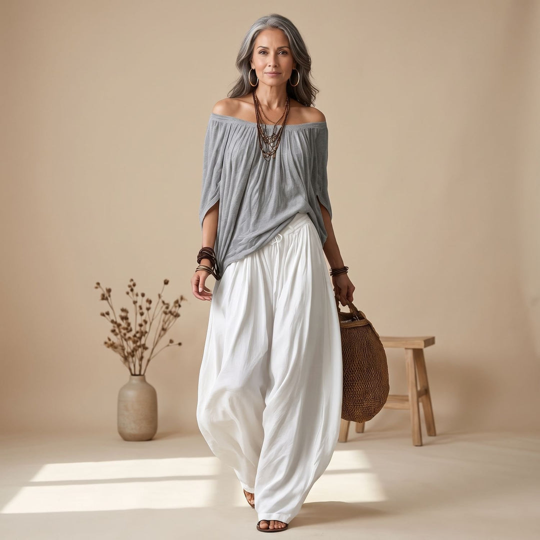 Women's Two Piece Set Off-Shoulder Top Wide-Leg Drawstring Pants - Gray