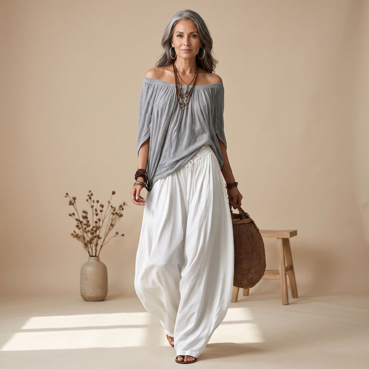 Women's Two Piece Set Off-Shoulder Top Wide-Leg Drawstring Pants - Gray