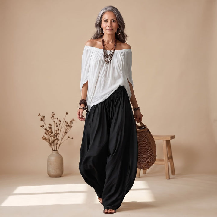 Women's Two Piece Set Off-Shoulder Top Wide-Leg Drawstring Pants - White