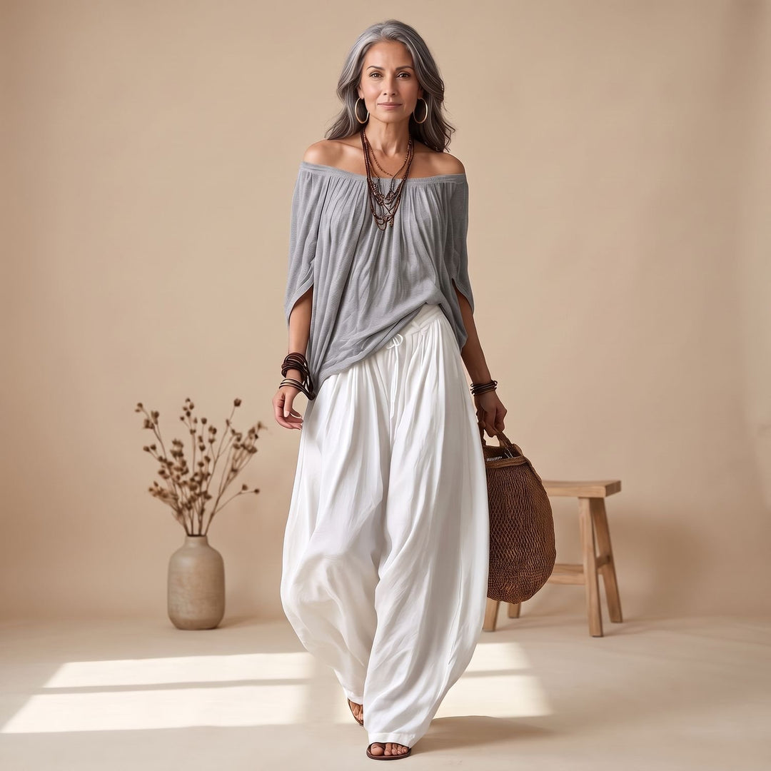 Women's Two Piece Set Off-Shoulder Top Wide-Leg Drawstring Pants