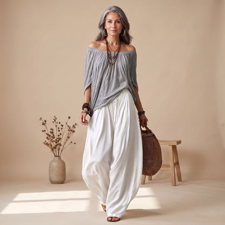 Women's Two Piece Set Off-Shoulder Top Wide-Leg Drawstring Pants