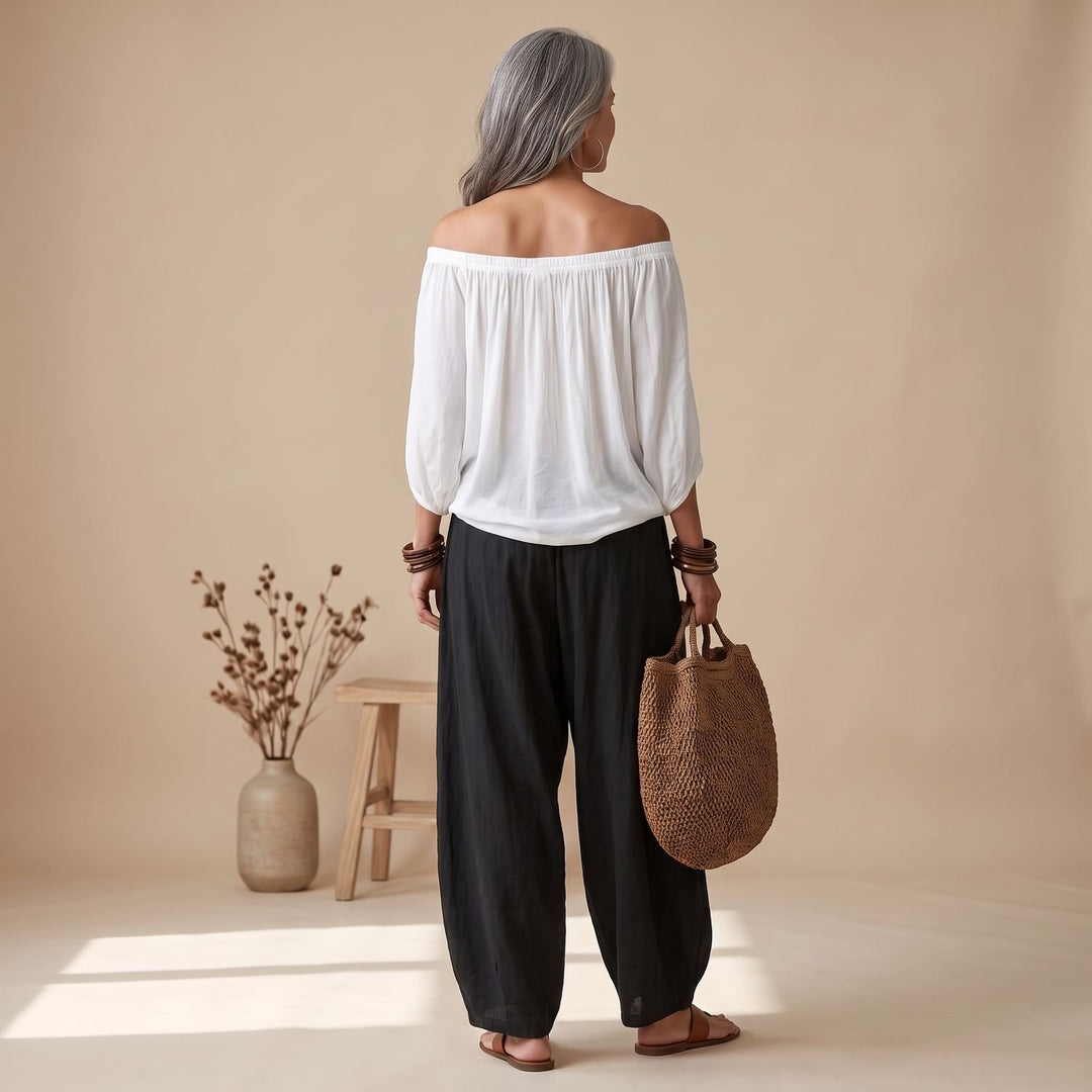 Women's Two Piece Set Off-Shoulder Top Wide-Leg Drawstring Pants