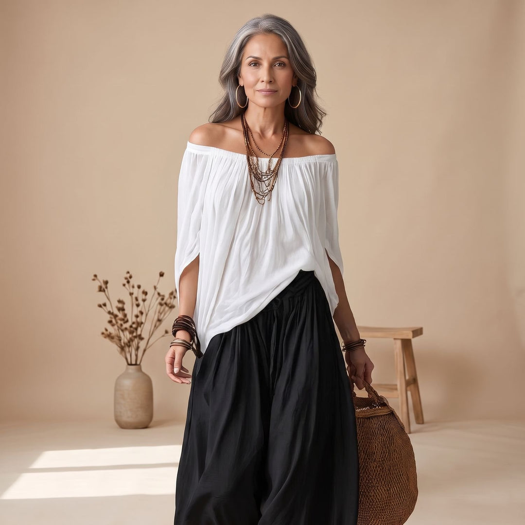 Women's Two Piece Set Off-Shoulder Top Wide-Leg Drawstring Pants