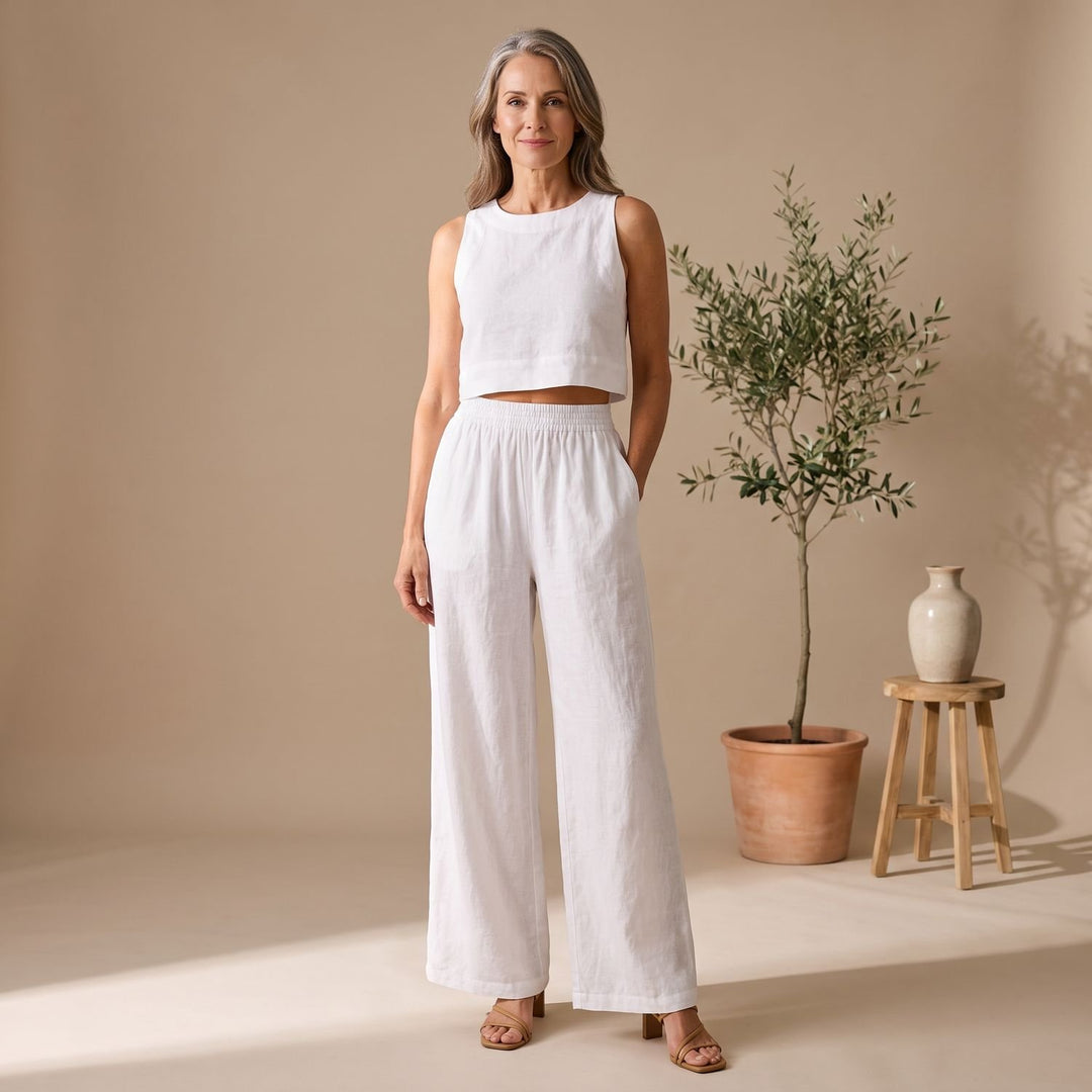 Women's Two Piece Set Sleeveless Cropped Top Wide-Leg Pants - White