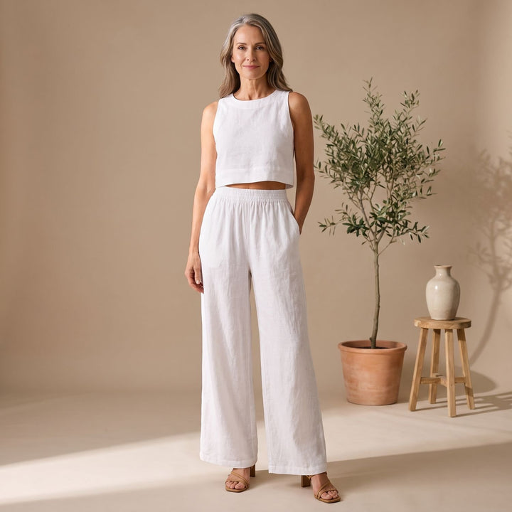 Women's Two Piece Set Sleeveless Cropped Top Wide-Leg Pants - White