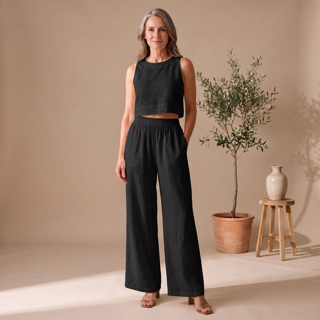 Women's Two Piece Set Sleeveless Cropped Top Wide-Leg Pants - Black