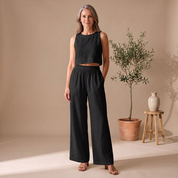 Women's Two Piece Set Sleeveless Cropped Top Wide-Leg Pants - Black