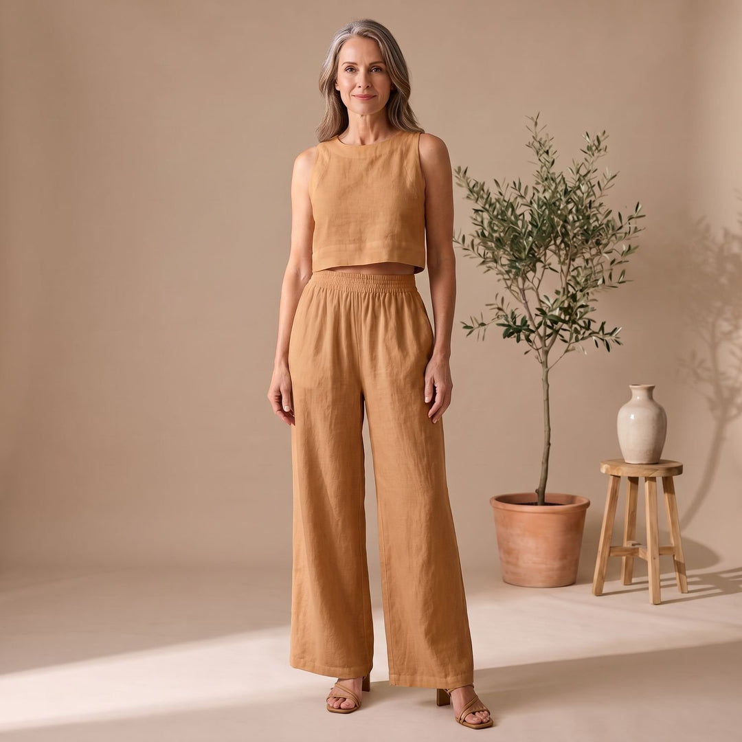 Women's Two Piece Set Sleeveless Cropped Top Wide-Leg Pants - Brown