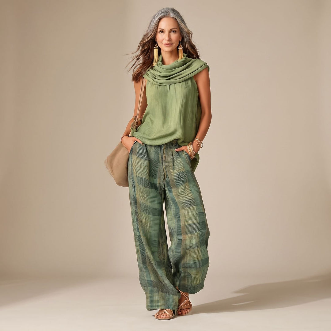 Women's Two Piece Set Sleeveless Top Wide-Leg Plaid Pants