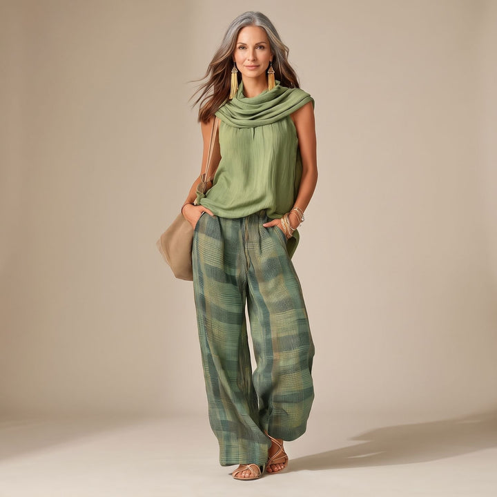 Women's Two Piece Set Sleeveless Top Wide-Leg Plaid Pants