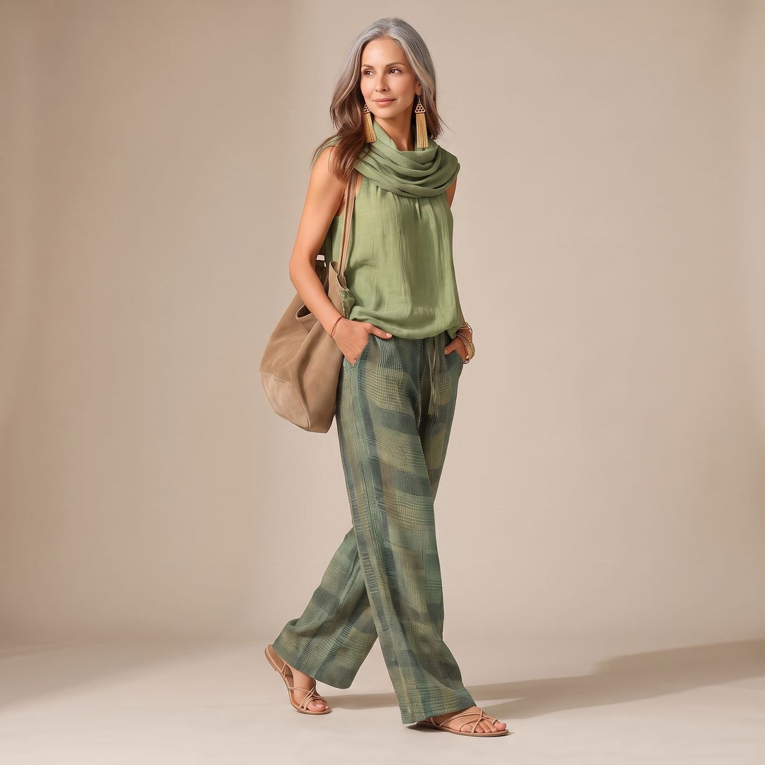 Women's Two Piece Set Sleeveless Top Wide-Leg Plaid Pants