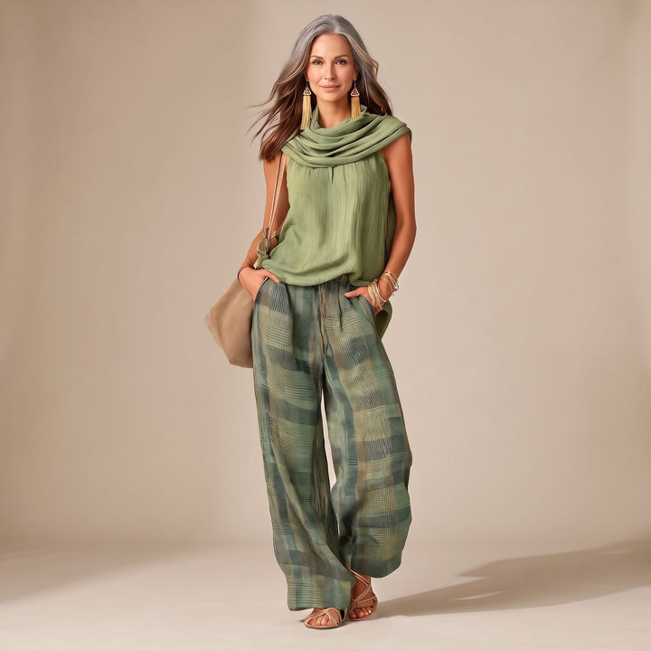 Women's Two Piece Set Sleeveless Top Wide-Leg Plaid Pants