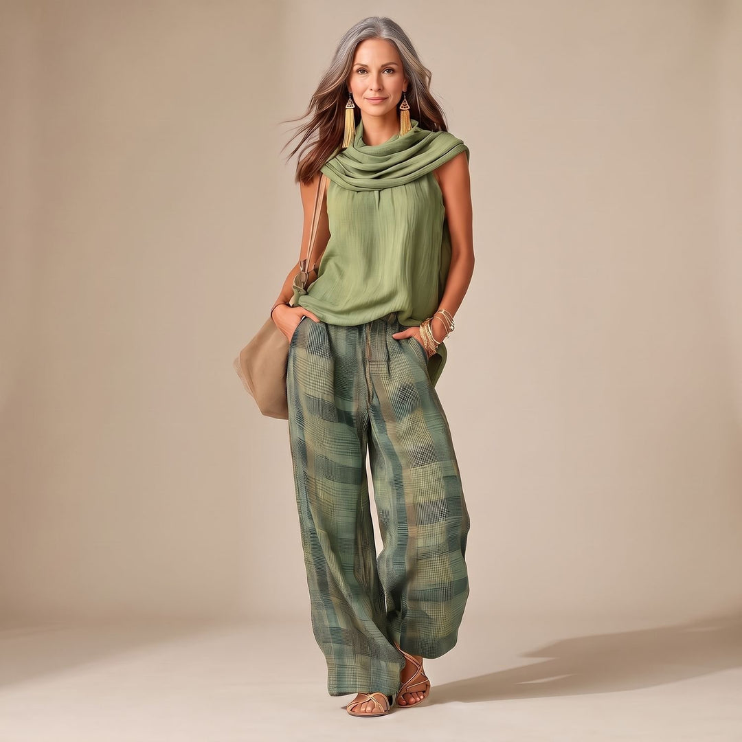 Women's Two Piece Set Sleeveless Top Wide-Leg Plaid Pants
