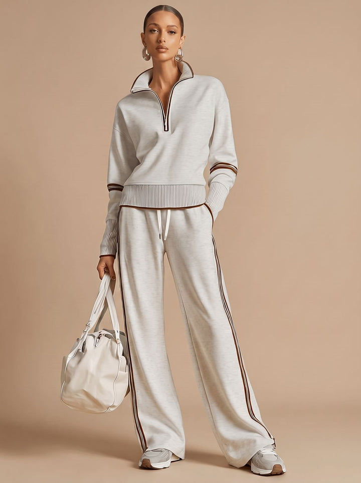 Women's Two-Piece Wide Leg Pants Set Half-Zip Striped Sweater - Gray White