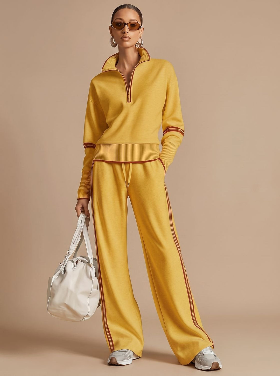 Women's Two-Piece Wide Leg Pants Set Half-Zip Striped Sweater - Yellow
