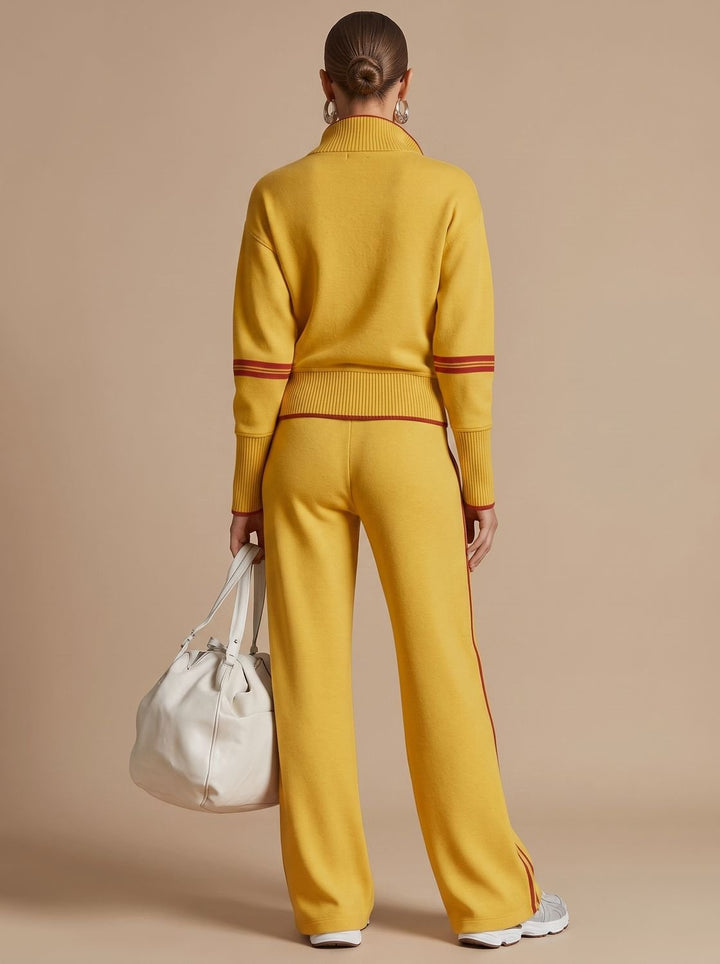Women's Two-Piece Wide Leg Pants Set Half-Zip Striped Sweater