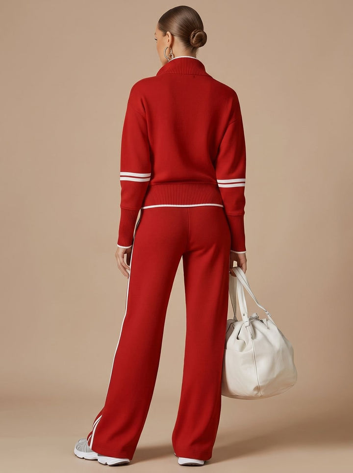 Women's Two-Piece Wide Leg Pants Set Half-Zip Striped Sweater