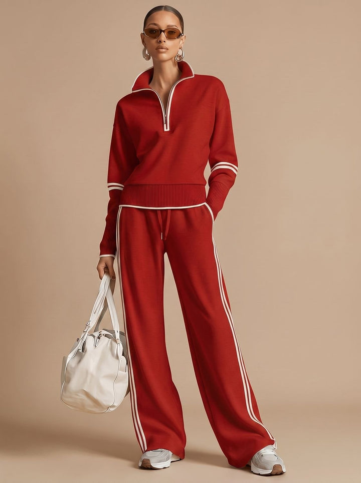Women's Two-Piece Wide Leg Pants Set Half-Zip Striped Sweater - Red