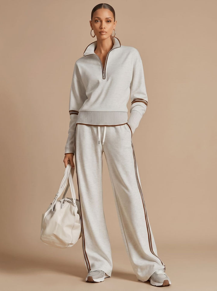 Women's Two-Piece Wide Leg Pants Set Half-Zip Striped Sweater