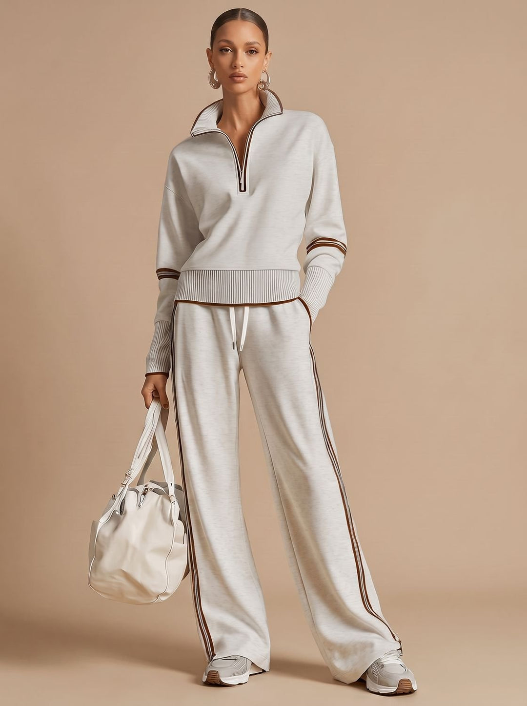 Women's Two-Piece Wide Leg Pants Set Half-Zip Striped Sweater