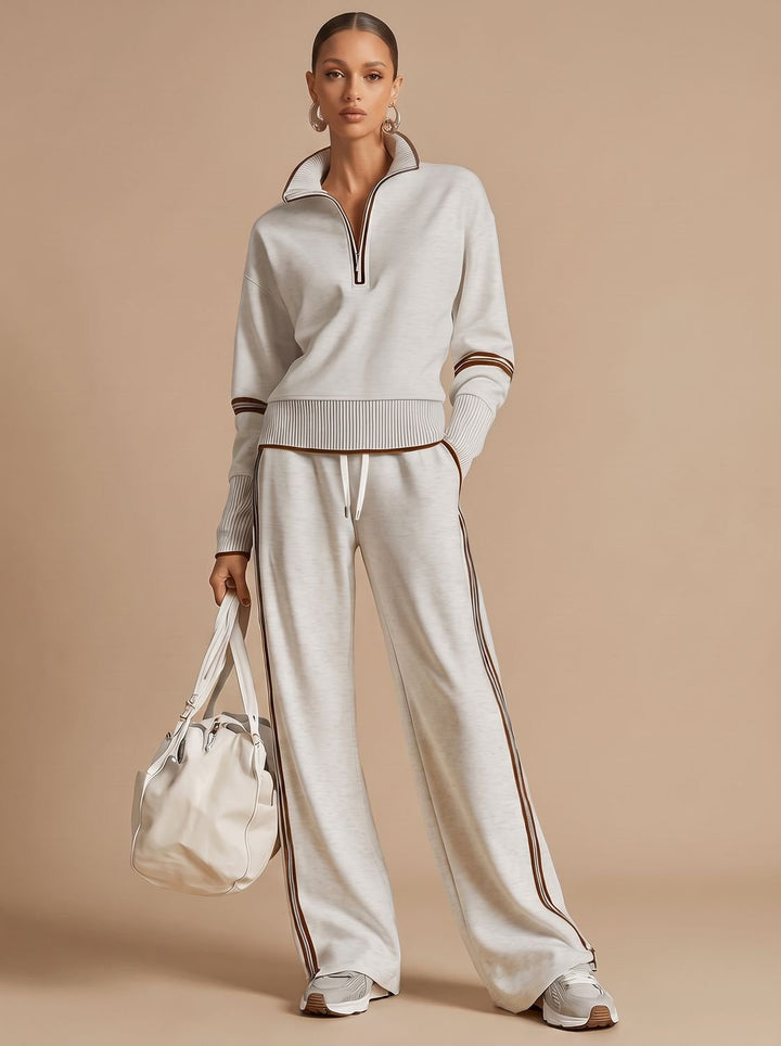 Women's Two-Piece Wide Leg Pants Set Half-Zip Striped Sweater