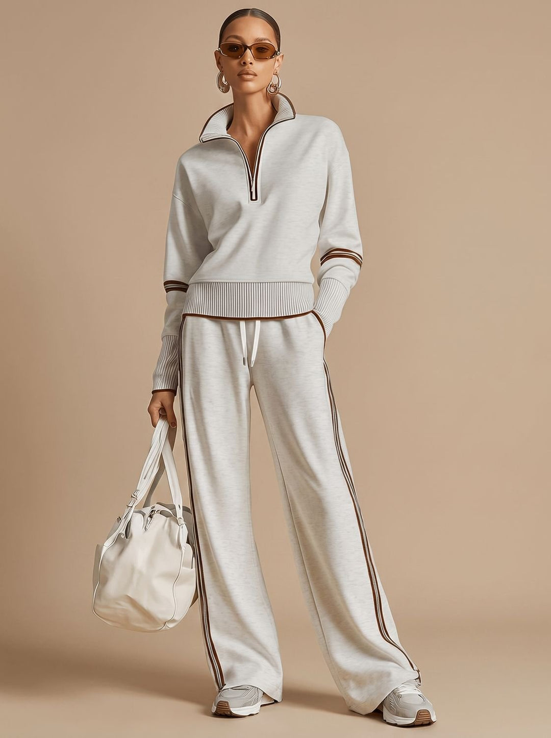Women's Two-Piece Wide Leg Pants Set Half-Zip Striped Sweater