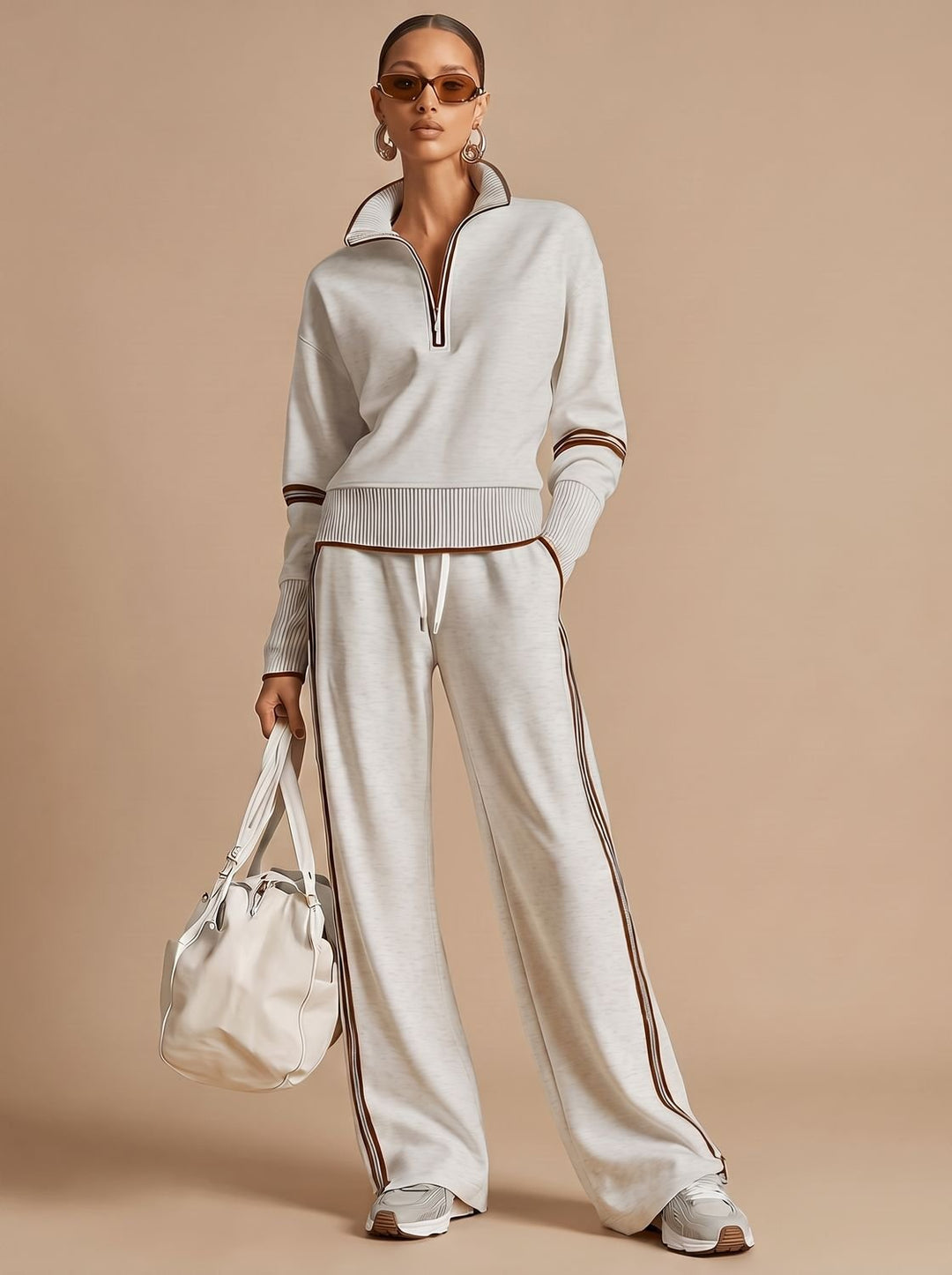 Women's Two-Piece Wide Leg Pants Set Half-Zip Striped Sweater