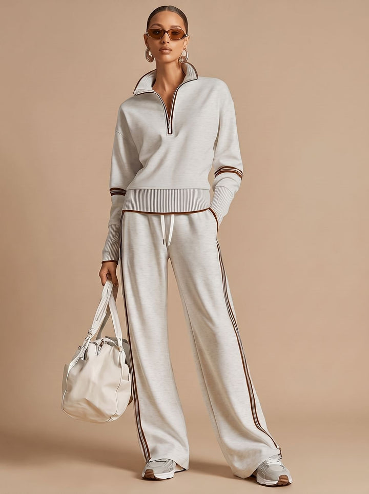 Women's Two-Piece Wide Leg Pants Set Half-Zip Striped Sweater