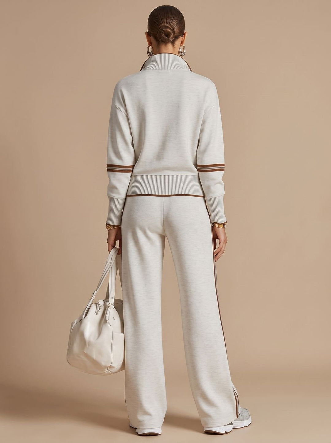 Women's Two-Piece Wide Leg Pants Set Half-Zip Striped Sweater