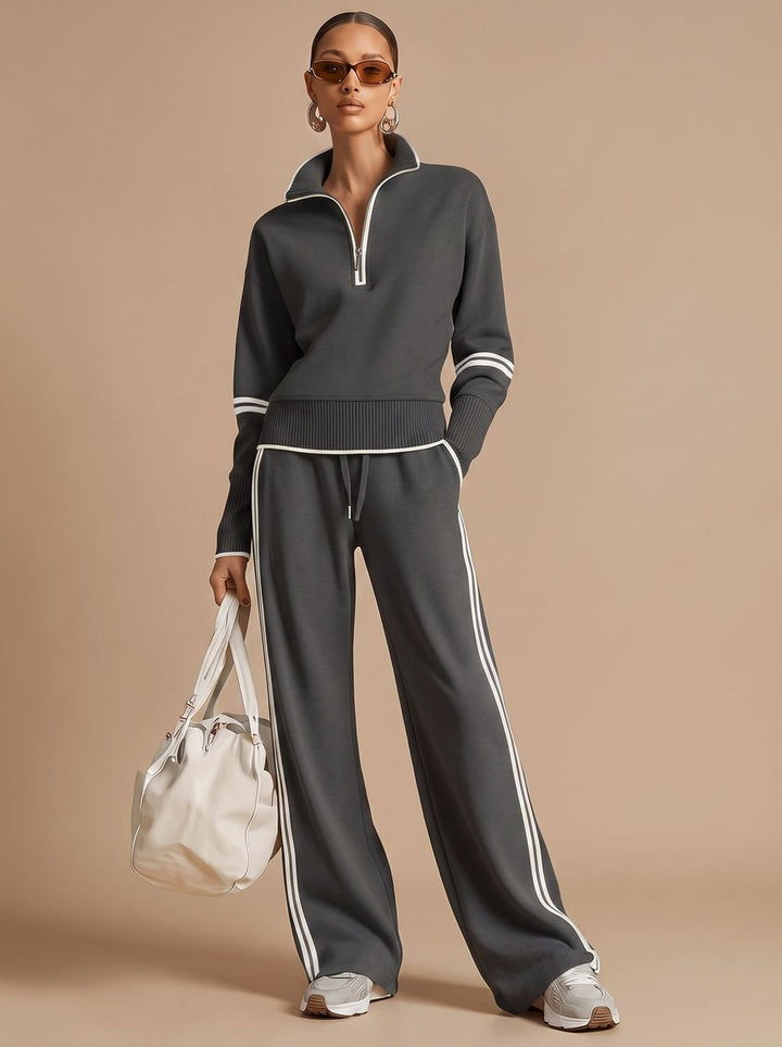 Women's Two-Piece Wide Leg Pants Set Half-Zip Striped Sweater - Dark Gray