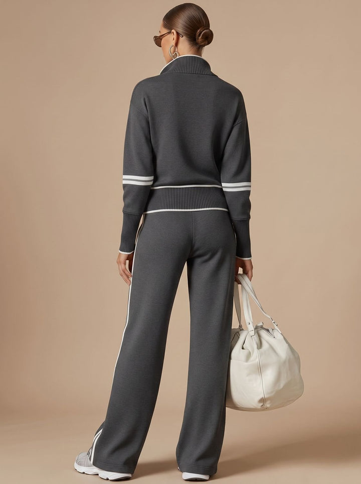 Women's Two-Piece Wide Leg Pants Set Half-Zip Striped Sweater