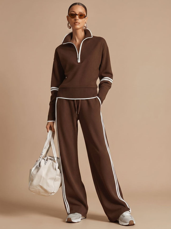 Women's Two-Piece Wide Leg Pants Set Half-Zip Striped Sweater - Brown