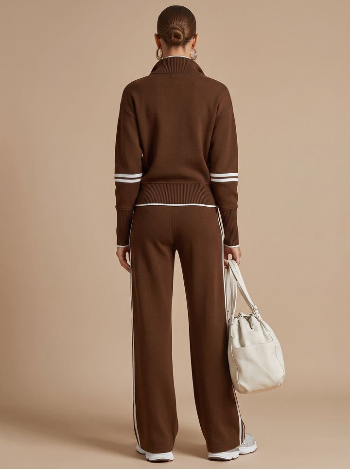 Women's Two-Piece Wide Leg Pants Set Half-Zip Striped Sweater