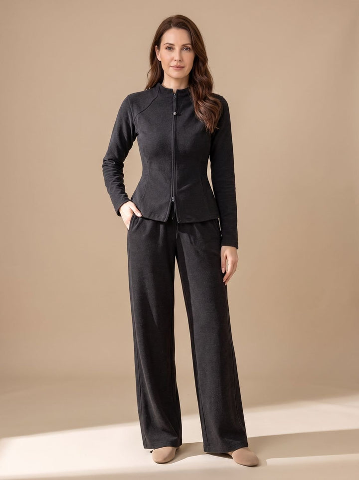 Women's Two-Piece Zip-Front Wide-Leg Knit Matching Set