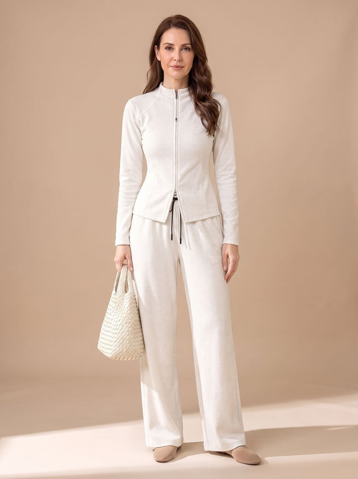 Women's Two-Piece Zip-Front Wide-Leg Knit Matching Set - White