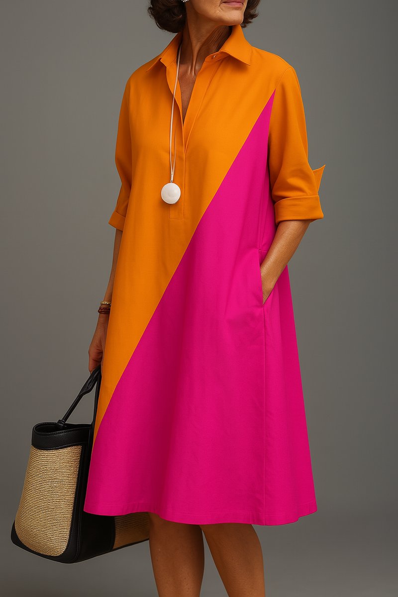 Women's Two-Tone Colorblock Midi Cocktail Dress - Orange Pink