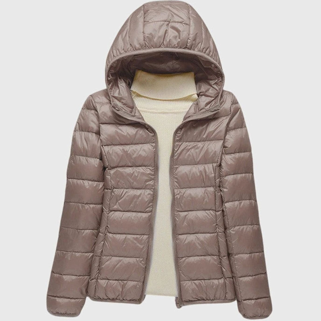 Women's Ultra-Light Hooded Quilted Winter Coat - Khaki Hood