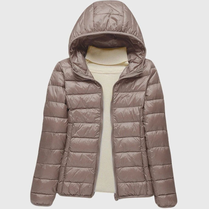 Women's Ultra-Light Hooded Quilted Winter Coat - Khaki Hood